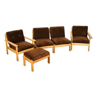 Vintage Scandinavian Oak and Corduroy Modular Living Room Set, 1960s, Set of 5 For Sale