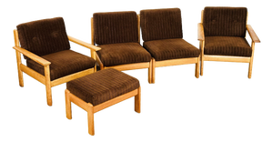 Vintage Scandinavian Oak and Corduroy Modular Living Room Set, 1960s, Set of 5