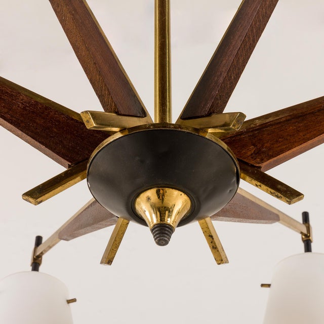 Mid-Century Italian Brass and Teak Chandelier in the style of Stilnovo, 1960s For Sale - Image 9 of 10