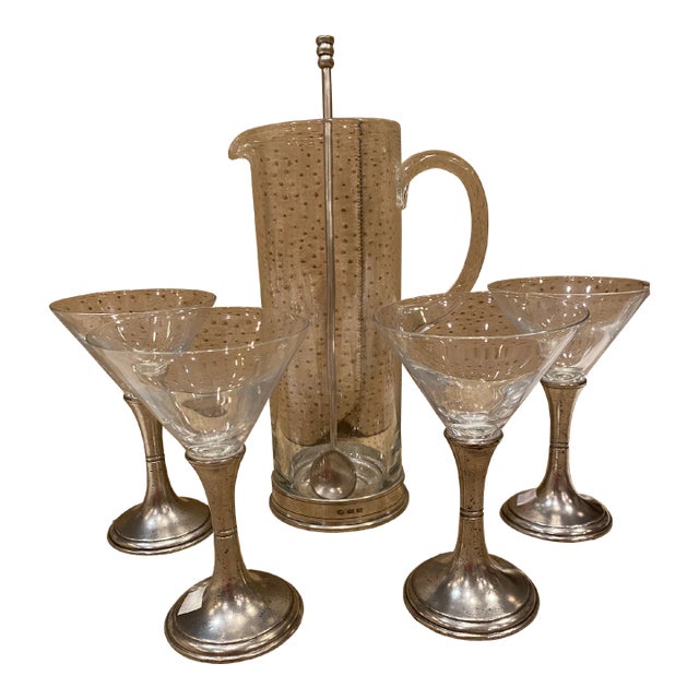 1980s Arte Italica Pewter and Crystal Martini Set- 6 Pieces For Sale