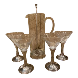 1980s Arte Italica Pewter and Crystal Martini Set- 6 Pieces