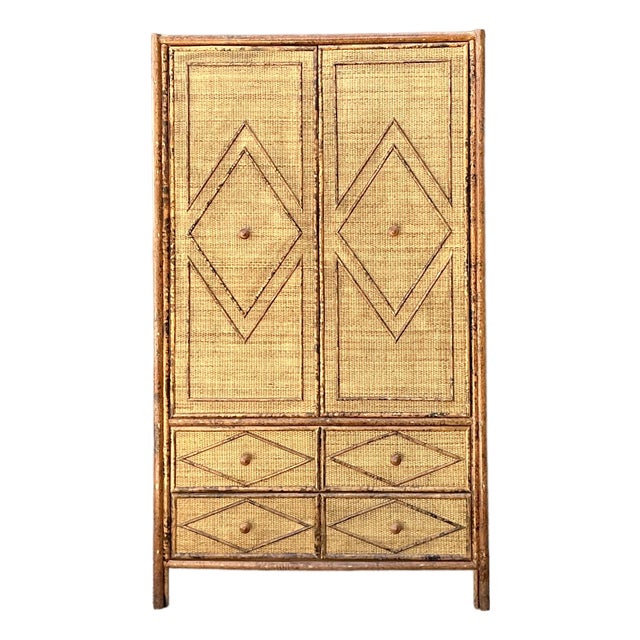 Vintage Tortoise Rattan Diamond Armoire For Sale