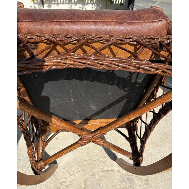 Wood 1930s Bar Harbor Wicker Rocking Chair W/ Leather Seat Cushion and Backing For Sale - Image 7 of 7