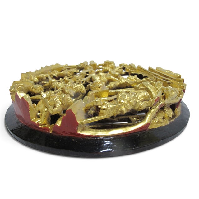 Chinese Ornate Carved Battle Scene Gilt Lacquer Wood Medallion Wall Panel For Sale - Image 4 of 8