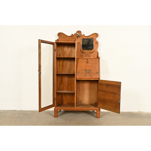 Early 20th Century Antique Victorian Carved Oak Side-by-Side Bookcase With Drop Front Secretary Desk, Circa 1900 For Sale - Image 5 of 12
