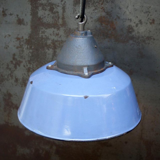 Vintage Industrial Blue Enamel and Cast Iron Pendant Lamp For Sale - Image 4 of 5