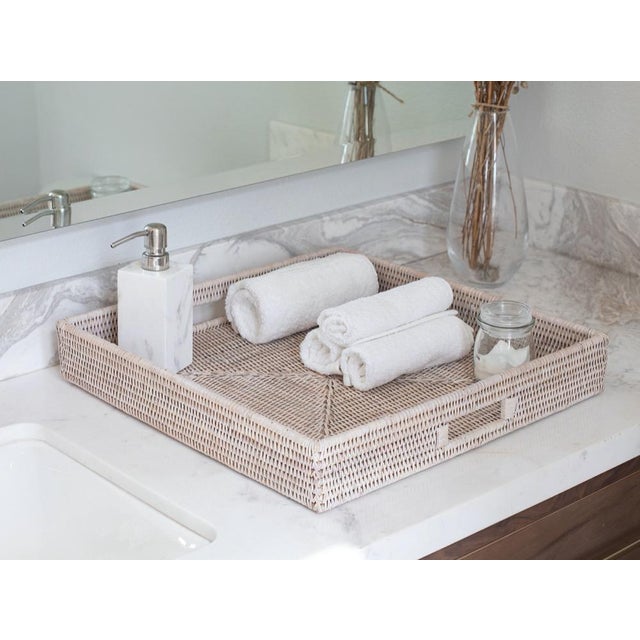 Wood Artifacts Rattan Square Serving Tray with Cutout Handles in White Wash - 18" For Sale - Image 7 of 8
