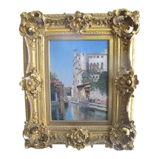 Federico Del Campo Ornate Gilt Frame Venice Canal Antique Oil Painting For Sale