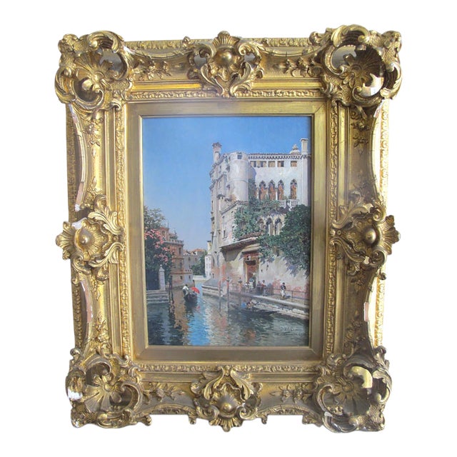 Federico Del Campo Ornate Gilt Frame Venice Canal Antique Oil Painting For Sale