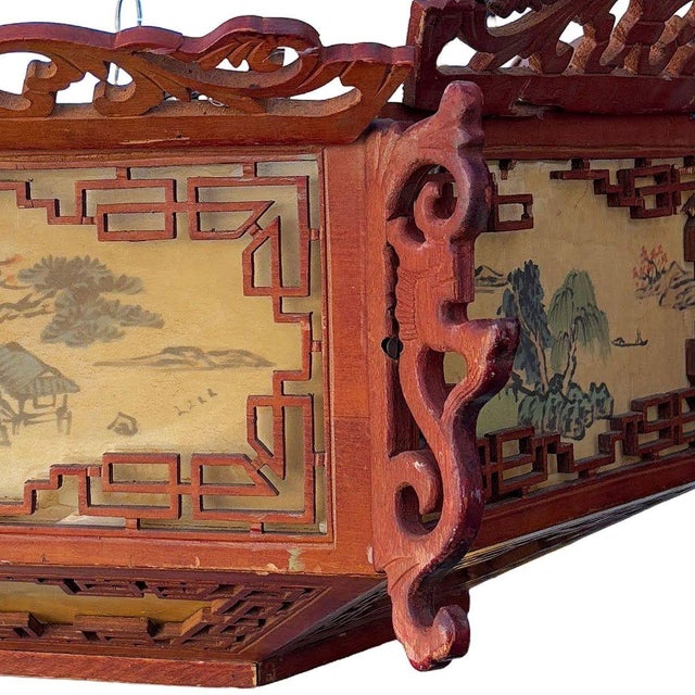 1950s 1950s Mid-Century Carved Chinese Rosewood Painted Lantern Hanging Chandelier Lamp For Sale - Image 5 of 14