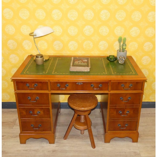 Edwardian English Desk in Yew Wood and Green Embossed Leather Top, 1960s For Sale - Image 4 of 16