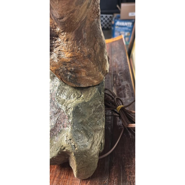 Large Mid-Century Studio Craft Burl Root & Unakite Stone Lamp With Organic Fiber Shade — 16” For Sale - Image 16 of 17