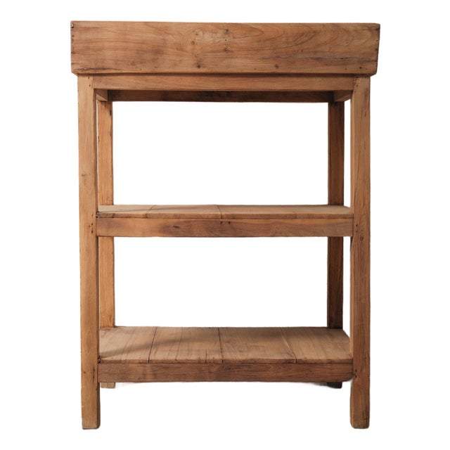 Late 20th Century Handcrafted Indian Wooden Three-Tier Shelf With Tray Top and Rustic Patina For Sale