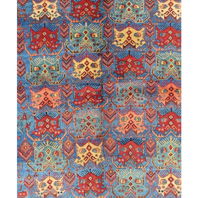 Tribal Antique Persian Afshar Rug in Blue Background, Terracotta Red Border & Lt. Green Square Shape 4'2"x5'1" For Sale - Image 3 of 7