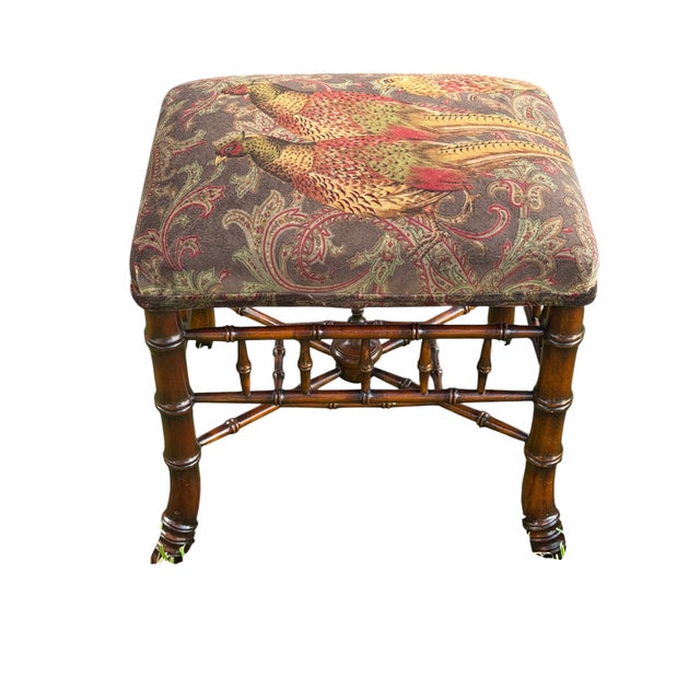 Wood Vintage Faux Bamboo Stool in Ralph Lauren "Hunting Manor Paisley" Fabric For Sale - Image 7 of 17