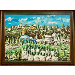 Rare Israeli Naive Art Oil Painting Jerusalem Israel Old City Landscape Folk Art For Sale