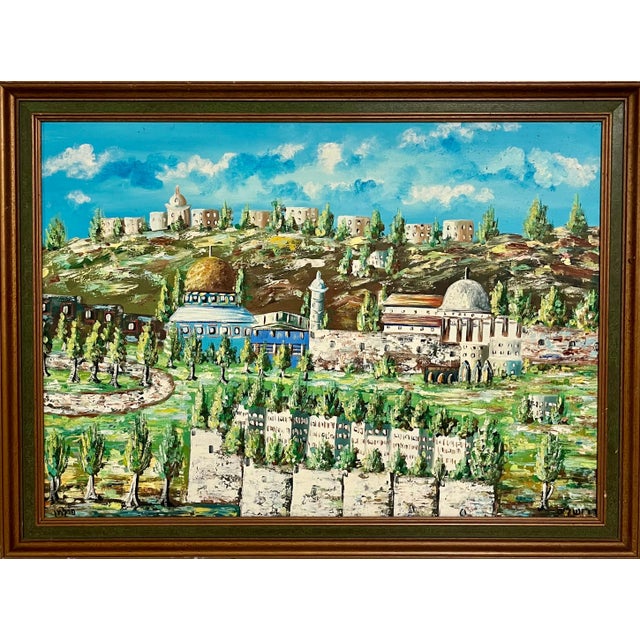 Rare Israeli Naive Art Oil Painting Jerusalem Israel Old City Landscape Folk Art For Sale
