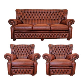 Chesterfield Living Room Set in Leather, 1970s, Set of 3 For Sale