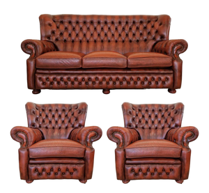 Chesterfield Living Room Set in Leather, 1970s, Set of 3