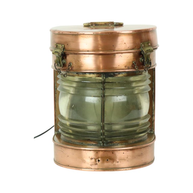 Large antique ship's lantern (masthead lantern) made of copper and brass with a glass Fresnel lens; converted to...