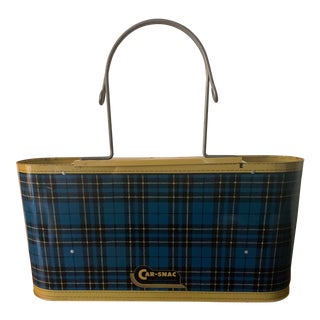 Mid Century Tartan Plaid "Car-Snac" Metal Picnic Basket Tote Carryall For Sale