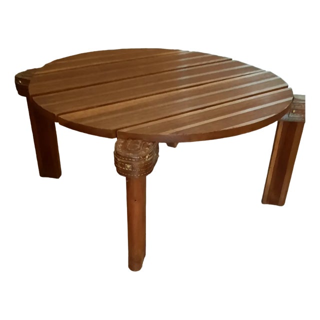 Round Oak and Leather Coffee Table attributed to Jacques Adnet, 1950s For Sale