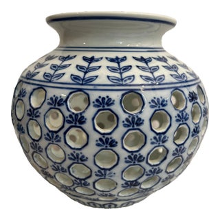 1980’s Blue and White Chinoiserie Reticulated Porcelain Vase For Sale