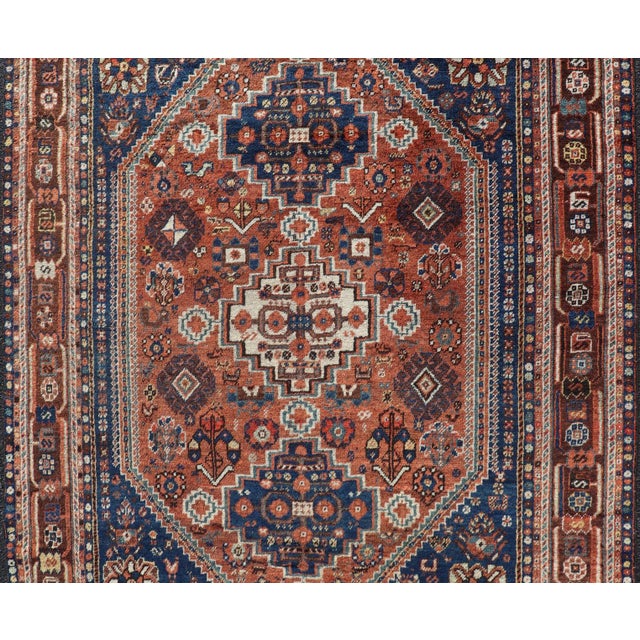 Traditional Antique Persian Shiraz Rug Tri-Medallion Geometrics in Rusty Orange and Blue** For Sale - Image 3 of 14