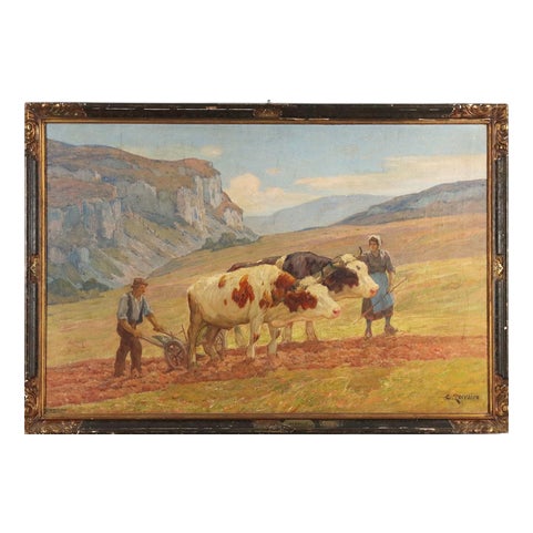Clovis Terraire, La bourage en Bugey, Oil on Canvas, Framed For Sale