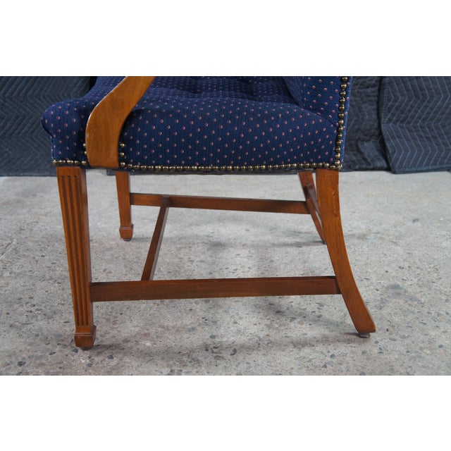 Wood 2 Mid Century Federal Mahogany Office Arm Chairs Blue Polka Dot Tufted Fabric For Sale - Image 7 of 12