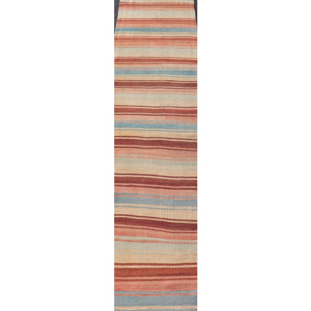 Orange Turkish Vintage Kilim Runner With Rust, Blue and Ivory Striped Design For Sale - Image 8 of 11