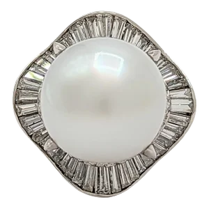 White South Sea Pearl and White Diamond Cocktail Ring in Platinum, size 6