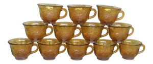Vintage Indiana Harvest Grape Amber Carnival Glass Set of 12 Punch Cups With Box - Set of 13