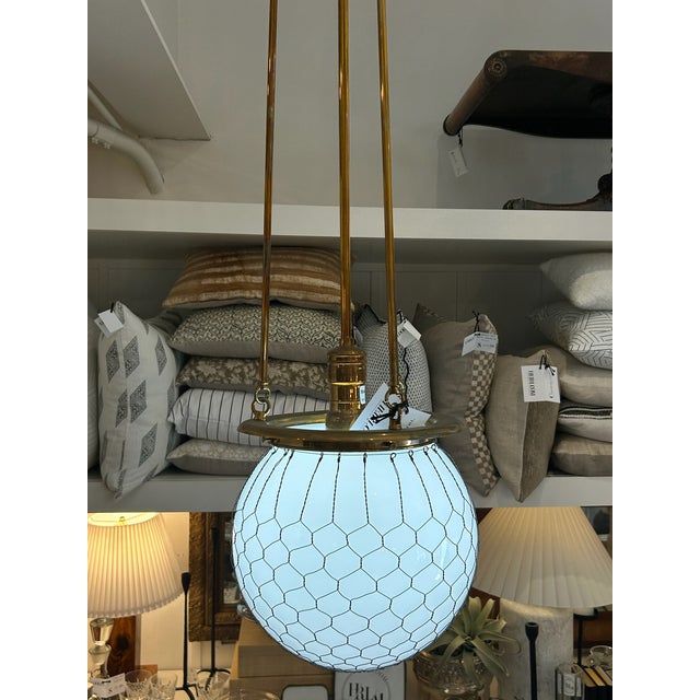 Metal Late 20th Century Unlacquered Brass Hood Classic Pendant With 12-Inch Opal Globe With Wire Mesh For Sale - Image 7 of 12