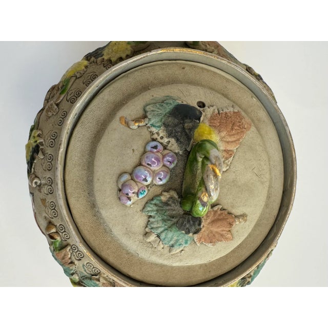 Japanese Vintage Japanese Bisque and Enamel Flora & Fauna Small Teapot by Banko, Multi Color For Sale - Image 3 of 12