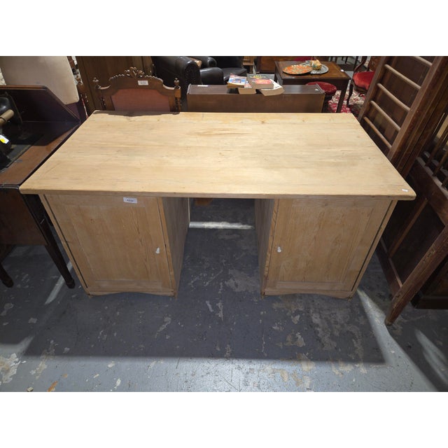 Rustic European Mid 20th Century German Pine Partner's Desk With Cupboard Storage For Sale - Image 3 of 5