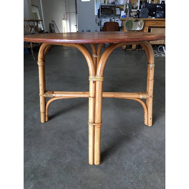 1950s Restored Vintage Round "X" Base Rattan Coffee Table With Oak Top For Sale - Image 4 of 5