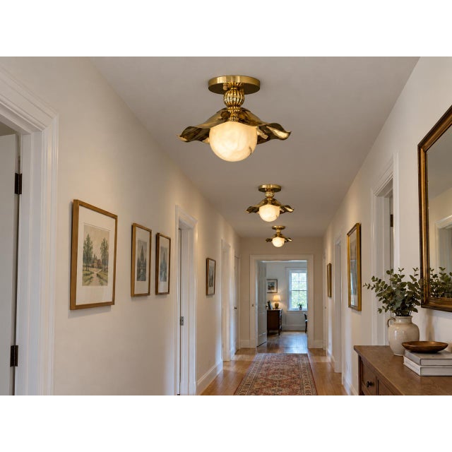 Wavy Brass Flush Mount Light With Alabaster Globe For Sale - Image 10 of 13