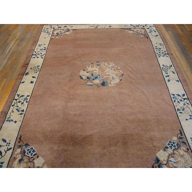 1930s Dusty Rose Medallion Antique Chinese Peking Carpet 6' X 8'8" Knotted Wool Rug For Sale - Image 11 of 12