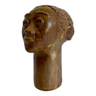 Original Glazed Pottery Sculpture Portrait of Young Male Signed For Sale