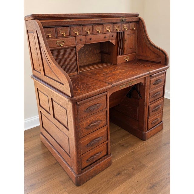 American Very Special Antique Smith Premier Roll Top Desk | Quarter Sawn Oak Typewriter Desk | Victorian Office Furniture For Sale - Image 3 of 17