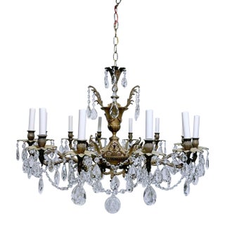 1920's Ornate Bronze Chandelier With Crystal Pendant For Sale