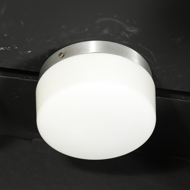 Pair of Mid-Century Cylindrical Milk Glass Flush Mounts W/ Brushed Aluminum For Sale - Image 11 of 14
