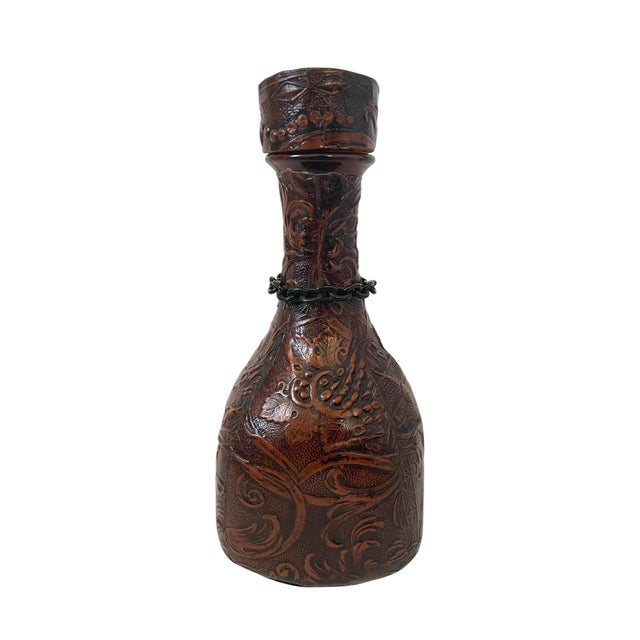 Spanish Embossed Tooled Leather Bottle Decanter Matador and Bull Spanish With Cork Made in Spain For Sale - Image 3 of 7