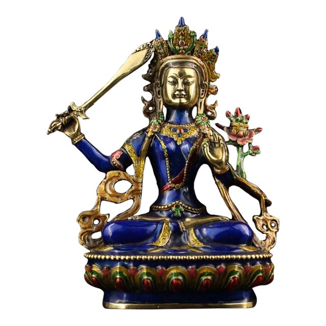 Vintage Cloisonné Enamel Bronze Manjushri Statue Buddhist Deity Sword 8.3" For Sale