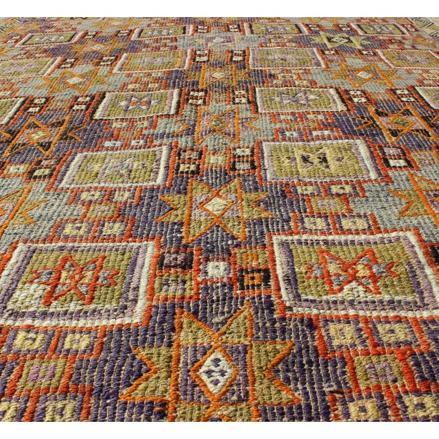 Mid 20th Century Mid 20th Century Grayish Blue Background Geometric Turkish Vintage Kilim Mid-Century Rug For Sale - Image 5 of 9