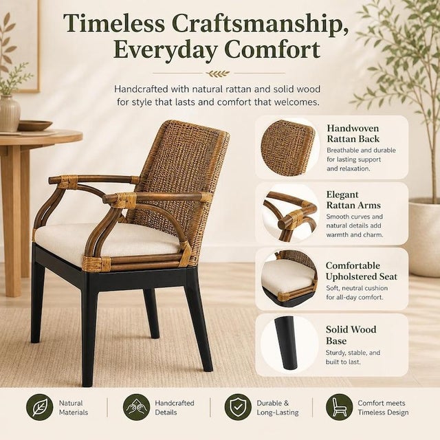 Wood Rattan Arm Chair, Solid Mahogany Frame, Woven Backrest, Cotton Cushion, Tropical Accent Chair For Sale - Image 7 of 12