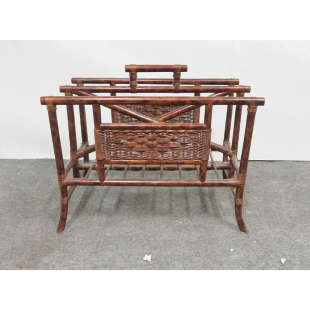 Burnt rattan and woven wicker magazine rack. Made in the late 20th century.