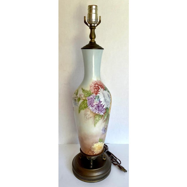 Sky Blue Antique Original Signed Painted Floral Table Lamp For Sale - Image 8 of 13