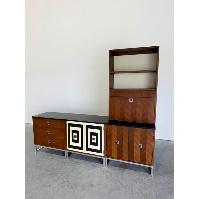 Mid Century Modern 4 piece modular freestanding wall unit, storage cabinets and display case with lighted dry bar. Made by...